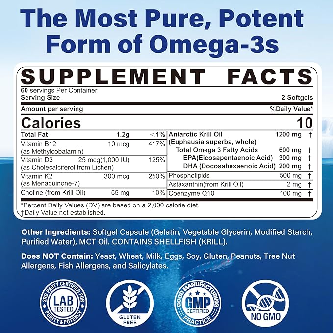 Antarctic Krill Oil 1200 mg Omega 3 Supplement, Omega 3 Krill Oil Softgels w/EPA, DHA, Astaxanthin & Phospholipids for Brain & Antioxidant, Sustainably Sourced, No Fishy Aftertaste, 120 Softgels