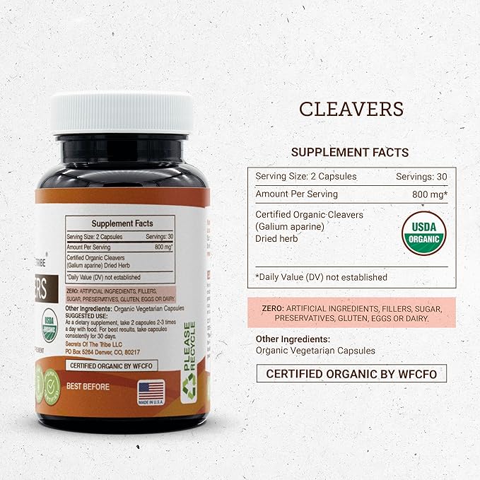 Secrets of the Tribe Cleavers USDA Organic 60 Capsules | Made with Vegetarian Capsules and Certified Organic Cleavers (Galium aparine) Dried Herb (60 Capsules)