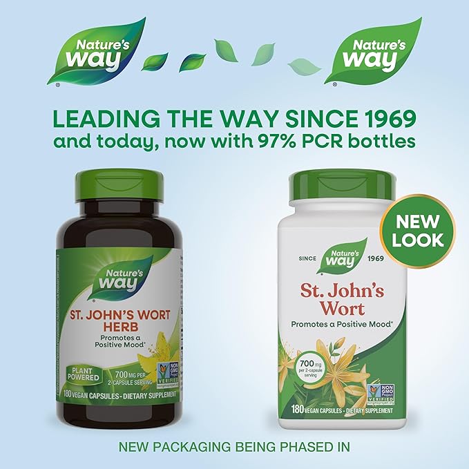 Nature's Way St. John's Wort Herb, Promotes a Positive Outlook*, 700 mg per 2-Capsule Serving, Non-GMO Project Verified, Vegan, 180 Capsules (Packaging May Vary)