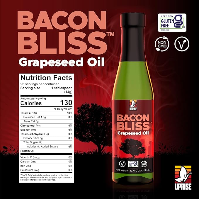 Bacon Bliss Grapeseed Oil – 12.7 oz Glass Bottle | Bacon Flavored Cooking Oil for Popcorn, Vegetables, and Pasta | Plant-Based Alternative with High Smoke Point | Organic, Gluten-Free, Vegan
