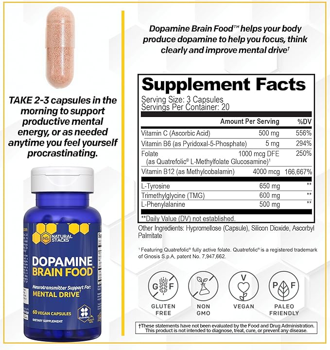 NATURAL STACKS Dopamine Brain Food + Magtech Magnesium Supplement Bundle - Supports Focus, Relaxation & Memory* - 240 Total Capsules