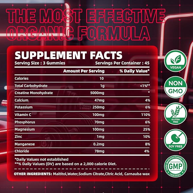 Zipvit Creatine Monohydrate Gummies (5g) – Pre-Workout Energy & Muscle Growth Support for Men & Women | Strawberry Electrolyte Gummies (135 Count)