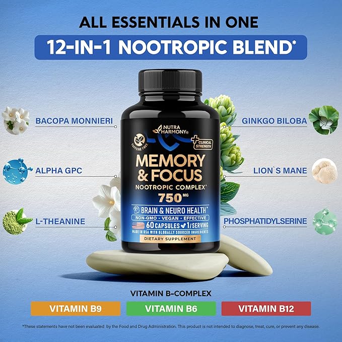 Brain Supplement for Memory & Focus 750 mg - Magnesium | L-Theanine | Bacopa Monnieri | Ginkgo Biloba | Lions Mane - 12in1 Nootropic Complex for Neuro Health - Caffeine-free - Made in USA, 60 Capsules