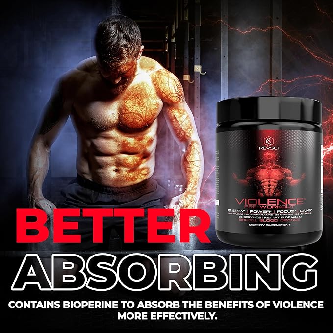 Violence Pre Workout Powder for Men & Women, Clinically Dosed Preworkout, 180 mg Caffeine + L-Theanine, L Citrulline Malate, Beta Alanine, Alpha GPC - 25 Servings, Blood Orange - Energy, Focus & Pump