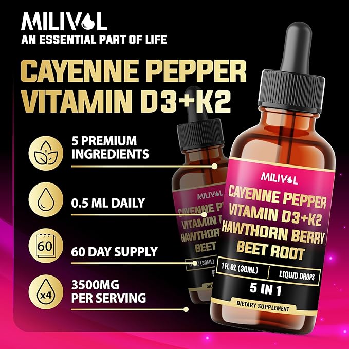 5in1 Cayenne Pepper Liquid Drops with Vitamin D3, Vitamin K2, Hawthorn Berry and Beet Root - Digestion Support - 1 FL Oz - 60 Days Supply
