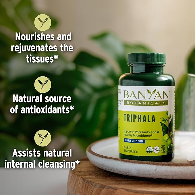 Banyan Botanicals Triphala Tablets - Organic Triphala with Amla, Haritaki & Bibhitaki – for Digestion, Elimination & Healthy Gut Microbiome* – 180 Tablets – Non-GMO Sustainably Sourced Vegan