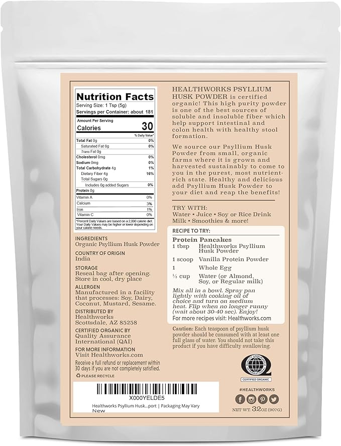 Healthworks Psyllium Husk Powder Organic - 32 Oz / 2 Lbs - Raw - Certified Organic - Finely Ground Powder from India - Keto, Vegan & Non-GMO - Fiber Support
