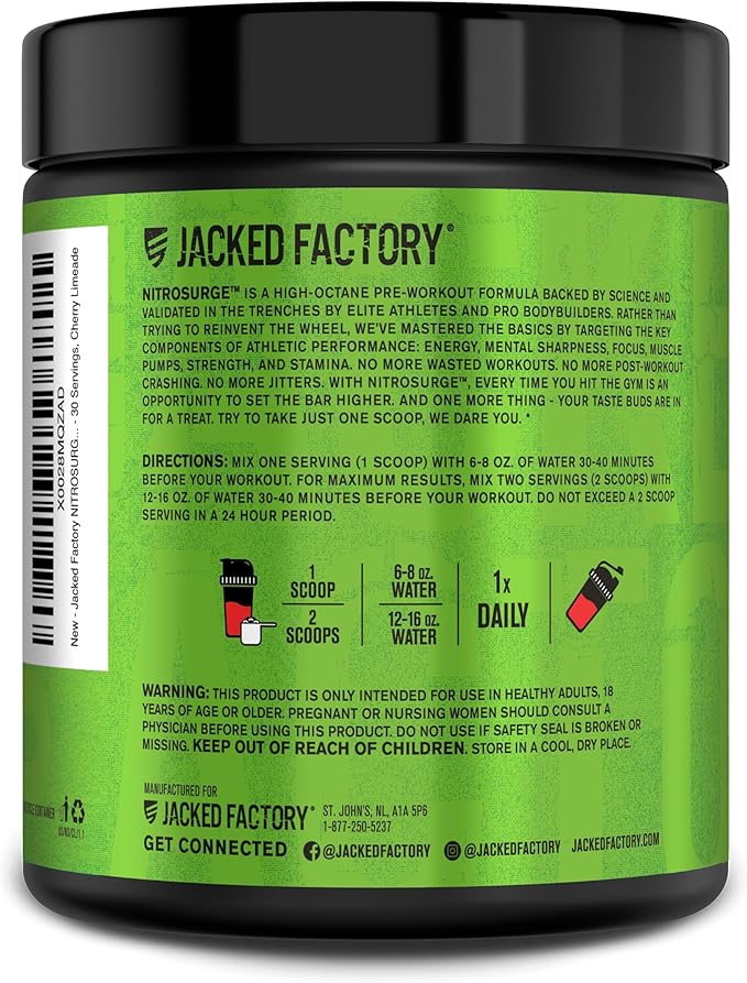Jacked Factory NITROSURGE Pre Workout Supplement - Endless Energy, Instant Strength Gains, Clear Focus, Intense Pumps - NO Booster & Preworkout Powder with Beta Alanine - 30 Servings, Cherry Limeade