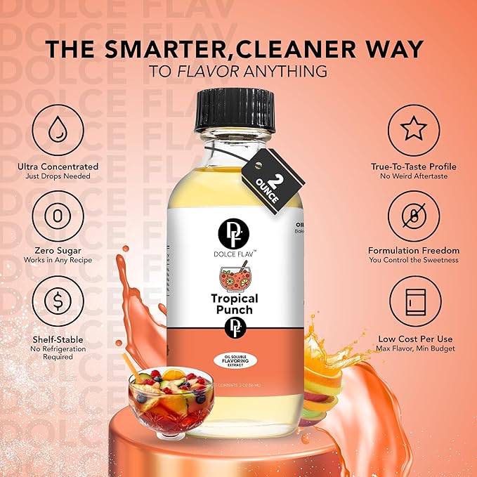 Dolce Flav Tropical Punch Extract – 2 Ounce Oil-Soluble Kosher, Sugar-Free, Concentrated Fruity Tropical Punch Flavoring for Baking, Smoothies & Desserts, Includes Measured Dropper