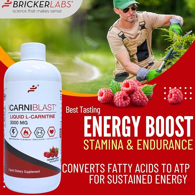 CARNIBLAST Liquid L-Carnitine 3000mg, Premium L Carnitine Carnipure, Energy Nutrition, Energy Supplement and Energy Booster, Raspberry, 16 fl oz