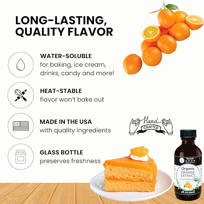 Organic Orange Extract for Baking, Ice Cream, Drinks, and Candy - 2 oz - Water-Soluble - By Harvest Moon Delights - Pure Orange Extract, Orange Flavoring, Orange Flavor