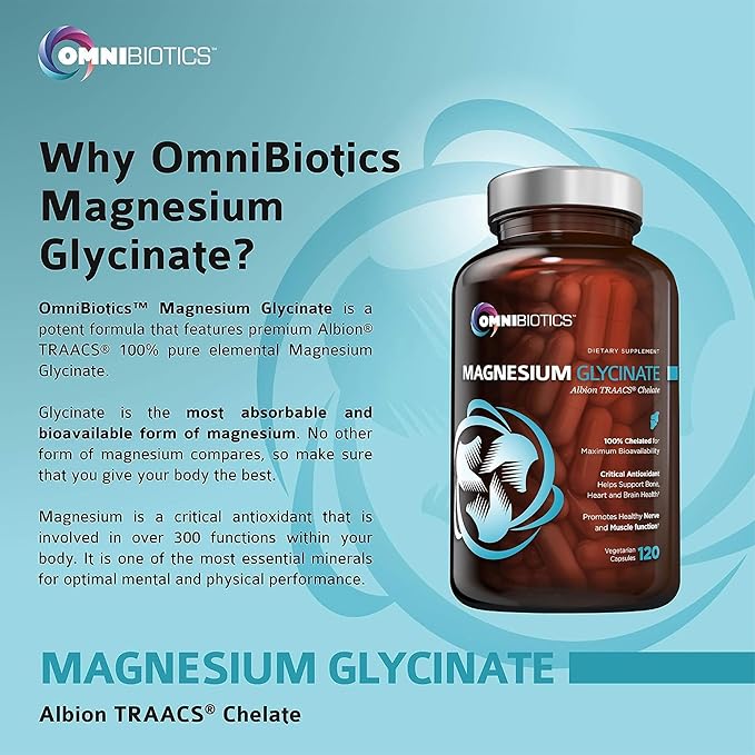 OmniBiotics Magnesium Glycinate Supplement β with 100% Pure Albion TRAACS Bisglycinate Chelate for Sleep, Muscle, Nerve & Heart Health β 120 Vegan Capsules