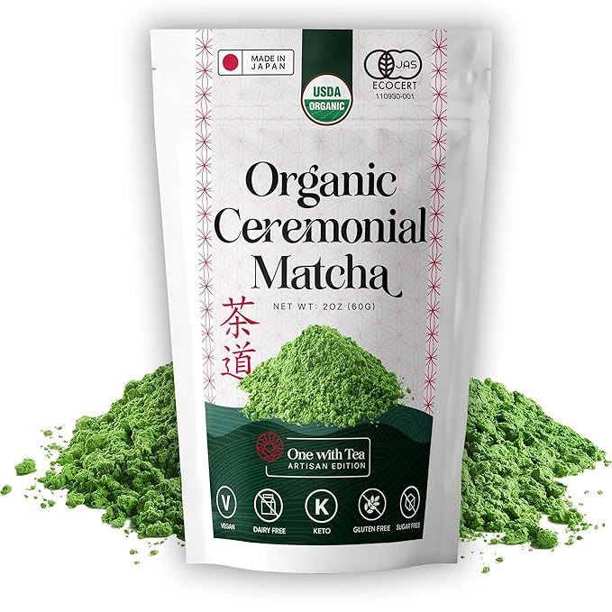 ONE WITH TEA Ceremonial Matcha Powder USDA Organic 2oz ā Authentic Japanese Green Tea, Made in Japan | Perfect for Matcha Latte, Smoothies, Hot & Iced Drinks
