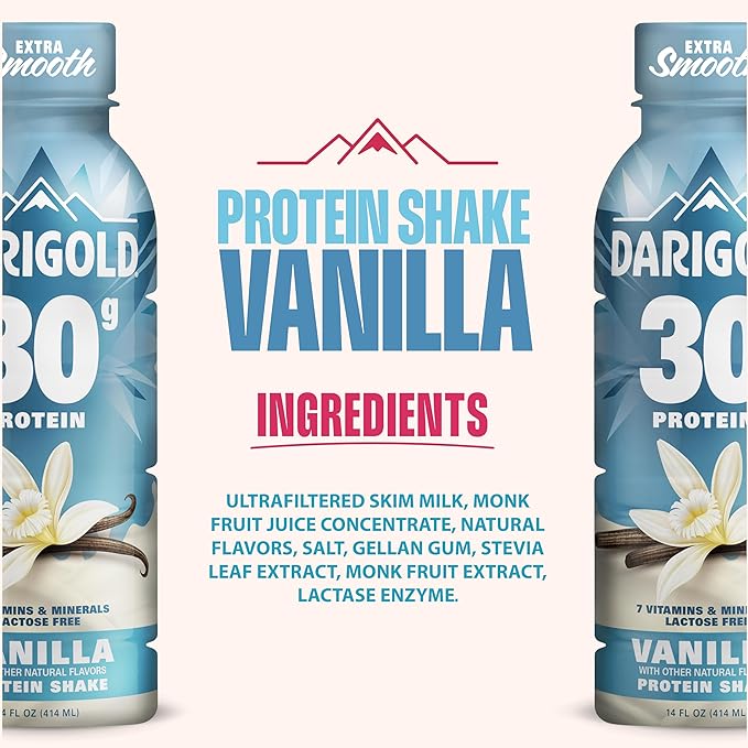 Darigold Ready to Drink Vanilla Protein Shake, 30g Protein, No Added Sugar, Lactose Free, Only 160 Calories. Electrolytes, Gluten Free - 14oz bottles 12 pack