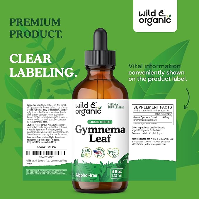 Wild & Organic Gymnema Sylvestre Extract Drops - Sugar-Free Gymnema Sylvestre Supplements - Gurmar Powder Based Tincture - Vegan, Alcohol-Free Leaf Liquid Drops - 4 fl oz