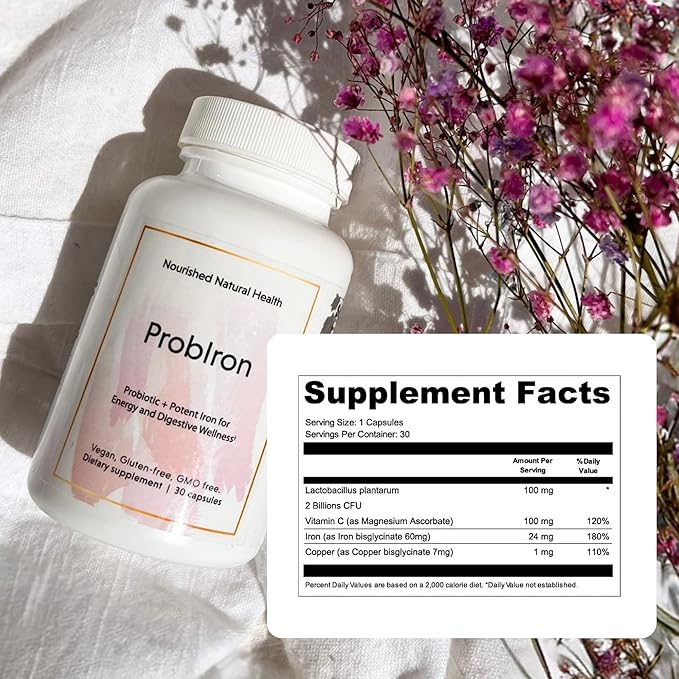 Nourished Natural Health ProbIron - Women's Probiotic + Iron Supplement Boosted with Vitamin C and Copper - Vegan Formula for Energy and Digestive Wellness - 180 Capsules