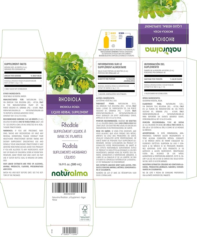 Naturalma Rhodiola rosea (Sedum roseum) Root Alcohol-Free Tincture - 16.9 fl oz Liquid Extract in Drops - Herbal Supplement - Vegan
