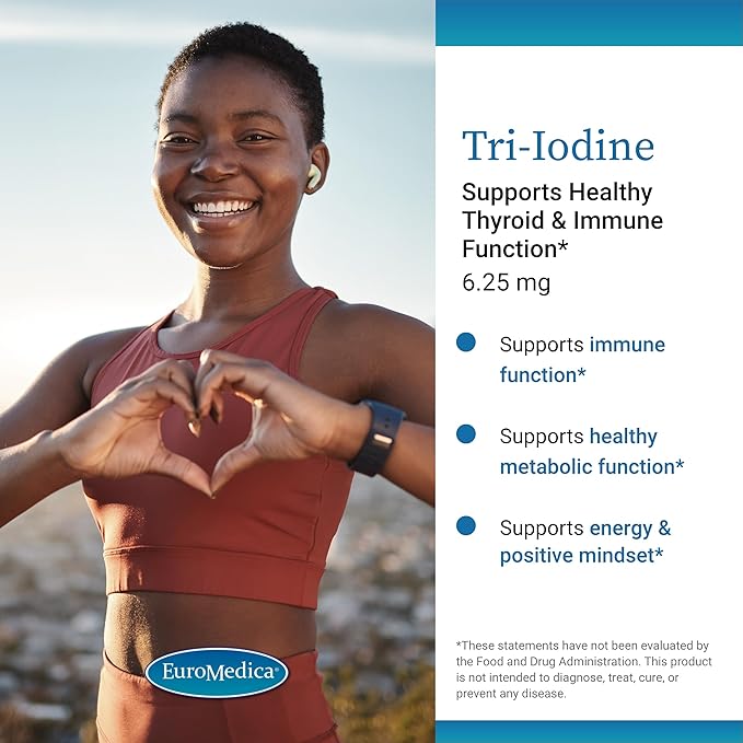 EuroMedica Tri-Iodine, 6.25mg, 90 Capsules - Potassium Iodide, Sodium Iodide & Molecular Iodine - Supports Healthy Thyroid & Immune Function - 90 Servings