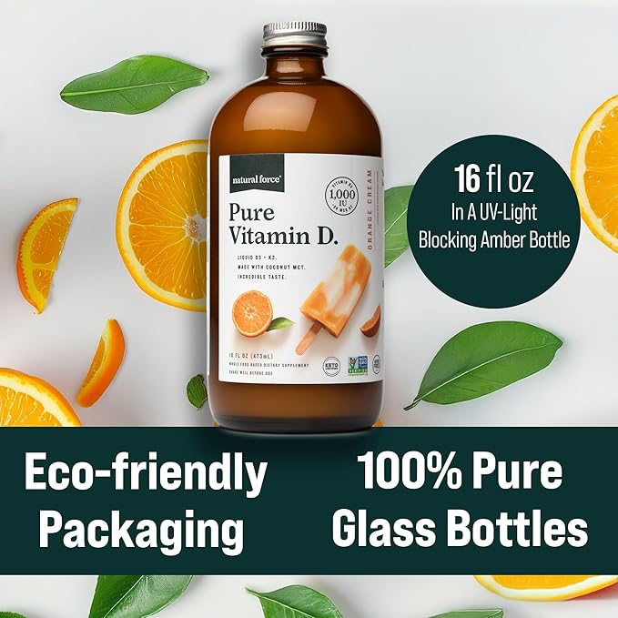 Natural Force Pure Vitamin D – Liquid D3 & K2 with Coconut MCT –1,000 IU, Immunity & Nutrient Absorption Booster- Vegan - Orange Cream, 16 fl oz