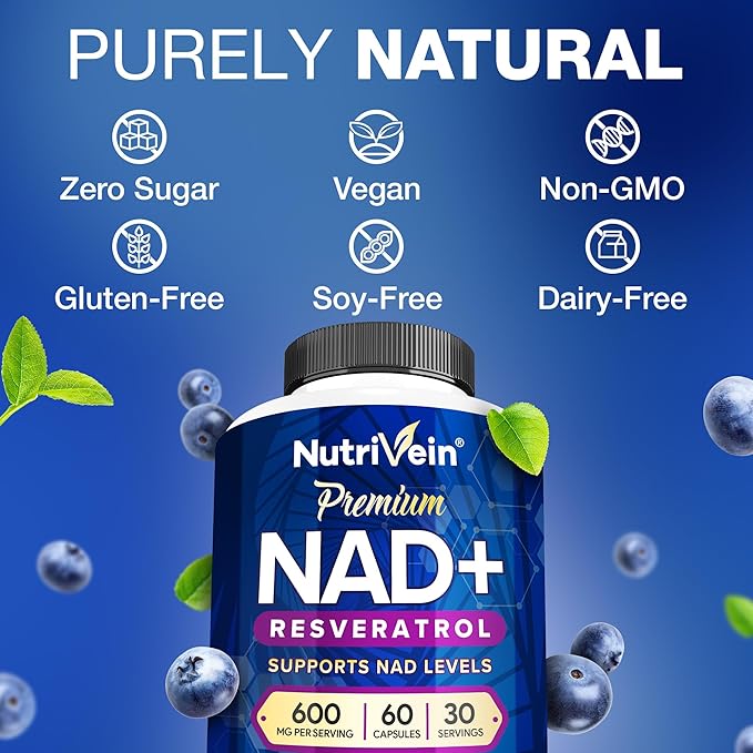 Nutrivein Premium NAD + Resveratrol Supplement 600 mg - 30 Servings (60 Capsules): Powerful Synergistic NAD Resveratrol Supplement - Aging, Cognition, Metabolism, & Overall Well-Being
