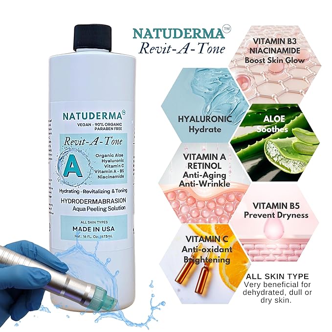Hydrodermabrasion Solutions | Revitalizing Antioxidant Serum for Hydro Dermabrasion Machine and Oxygen Facial, Revita-A-Tone, 16 oz | and Hyaluronic Acid Serum with Vitamin C, 1oz, by Natuderma