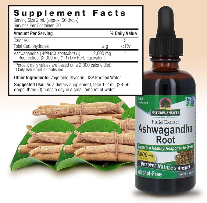 Nature's Answer Ashwagandha Root | Herbal Supplement Maintain Healthy Immune Function | Supports Body Against Stress | Gluten-Free, Alcohol-Free & Vegan 2oz (3 Pack)