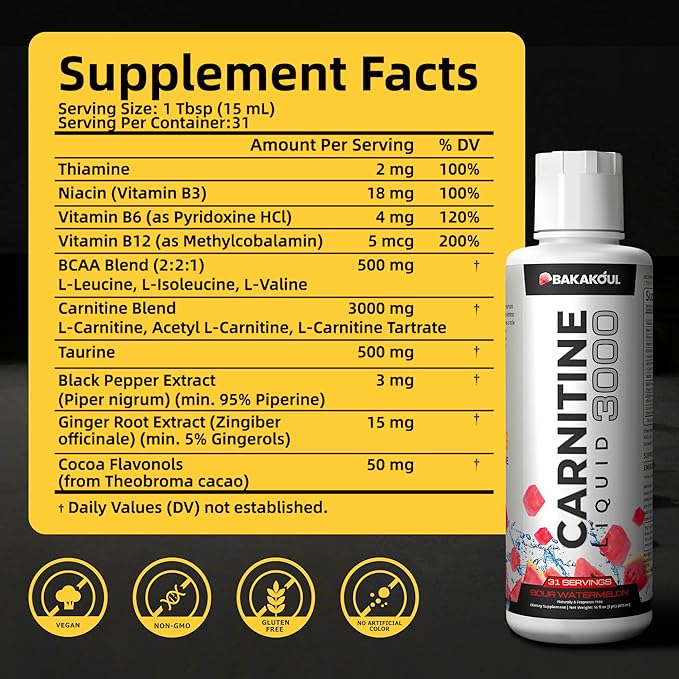 L Carnitine Supplement Liquid 3000 mg, with BCAA Sports Supplements, Help Support Energy Boosts, Support Muscle, Efficient Formula with Acetyl Rapid Absorption, Sustained Energy, Watermelon Flavor