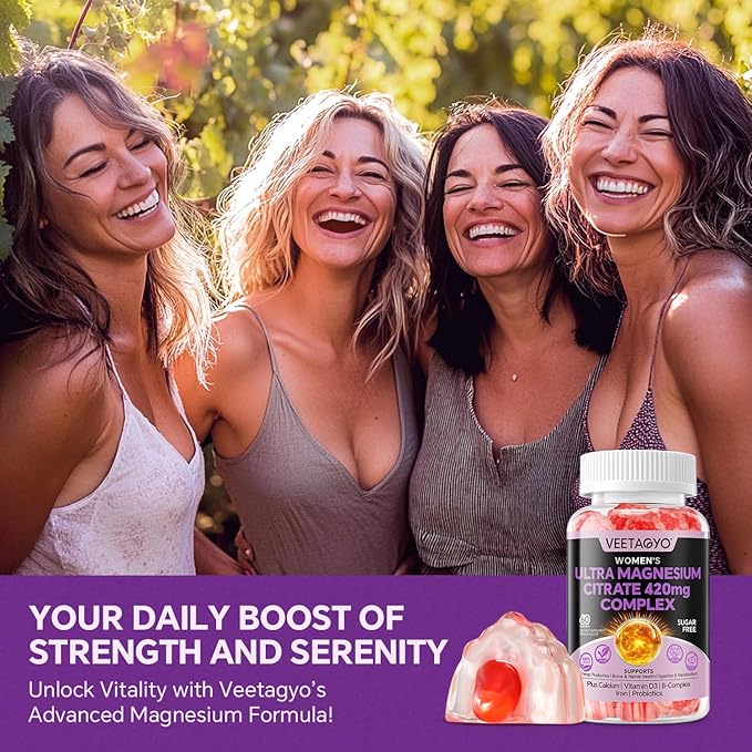 Magnesium Citrate Gummies 420mg for Adult - Dual Layer - w/10 Billion CFU - 5 Strains Probiotics & Calcium, D3, Biotin, Iron, B6, B12, Folate, Support for Bone, Nerve, Relaxation, Muscle - Vegan 60Cts