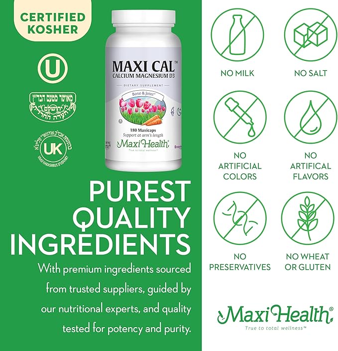 Calcium 1000 mg Supplement with Vitamin D3 (1000 IU) and Magnesium (500 mg) - Bone, Teeth and Joint Support for Men and Women - 180 Capsules - Maxi Cal by Maxi Health