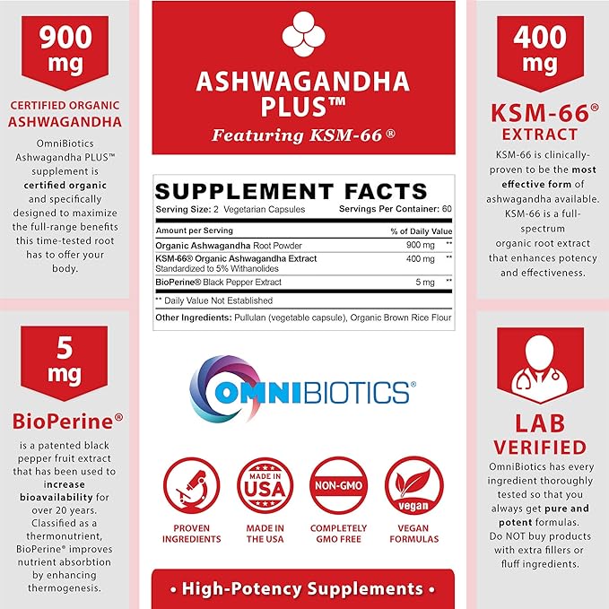 OmniBiotics Organic Ashwagandha Supplement ā 1300mg Total Strength ā 900mg Organic Root Powder & 400mg KSM-66 Extract ā Stress Relief, Mood & Sleep Support ā Non-GMO ā 120 Vegan Capsules