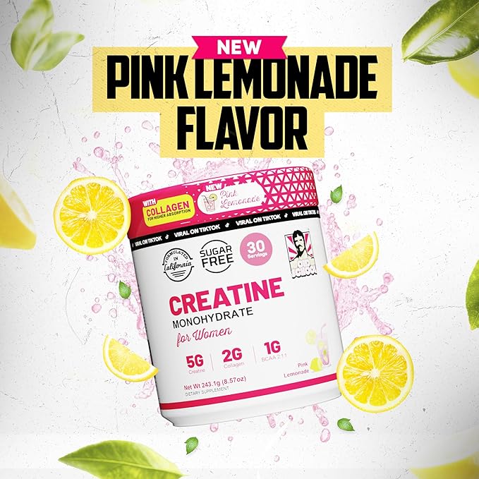 Old School Labs 5000mg Creatine Monohydrate Powder, Optimized Creatine for Women +2000mg Collagen +1g BCAA 2:1:1 Supports Lean Muscles & Recovery, Energy & Stamina - 30 Servings, Pink Lemonade