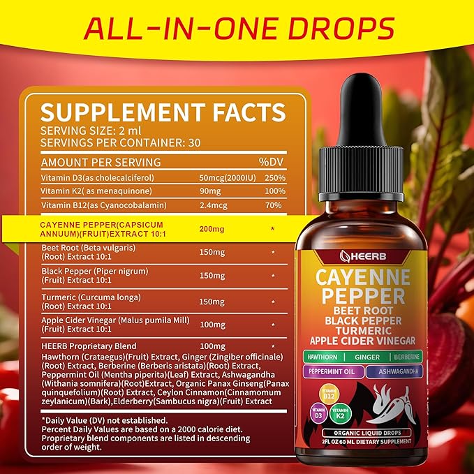 Vascu Flow Cayenne Pepper Drops - Capsaicin Supplements with Beet Root, Black Pepper, Turmeric, Vitamin D3 & K2 | Supports Metabolism, Circulation & Heart Health, Gluten Free, Vegan 2 Fl Oz