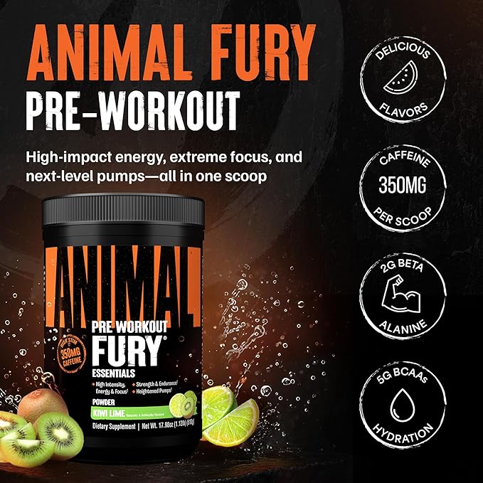 Animal Fury Pre Workout Powder - Kiwi Lime, 350mg Caffeine, BCAA Amino Acids, 2g Beta Alanine, Citrulline & Tyrosine, Energy, Focus, Strength, Endurance, Preworkout for Men & Women, 30 Servings