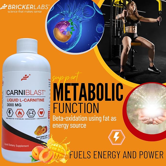 CARNIBLAST Liquid L-Carnitine 3000mg – Carnipure® Sports Nutrition Supplement for Energy, Stamina & Workout Recovery – Peach Mango Flavor, 16 Fl Oz, Vegan, Gluten-Free, Non-GMO