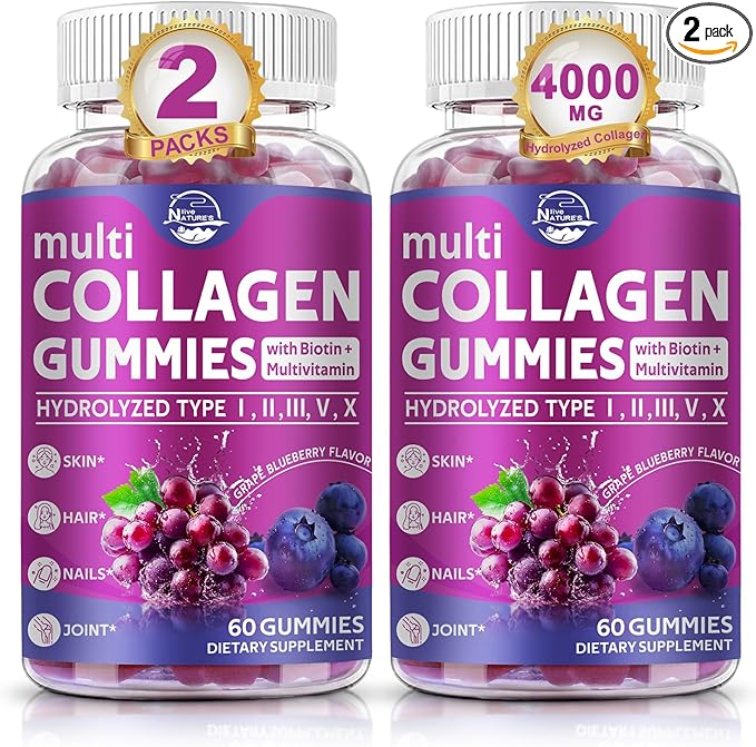 Nature's live Multi Collagen Peptides Gummies, Type I, II, III, V, X - Hydrolyzed Collagen Peptides Gummies, Supports Healthy Skin, Strong Nails & Thick Hair, Grape Blueberry Flavor, 60 Count, 2 Pack