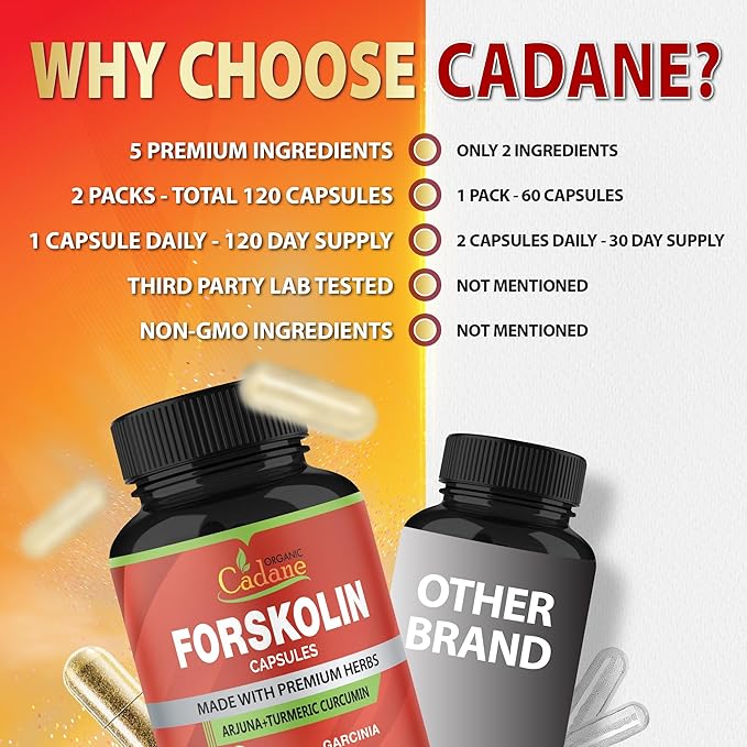 Organic Cadane 2 Packs Forskolin Supplements Capsules & Turmeric, Arjuna, Garcinia Cambogia, Green Tea - Maximum Strength Coleus Forskohlii Extract - Support Energy Production & Immune System