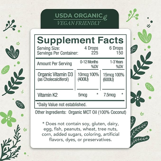 Baby Vitamin D3-K2 Liquid Supplement, Vitamin Drops for Infants and Toddlers, for Healthy Growth, Development and Daily Wellness, Easy-to-Use Dropper in Glass Bottle, 1 Fl Oz