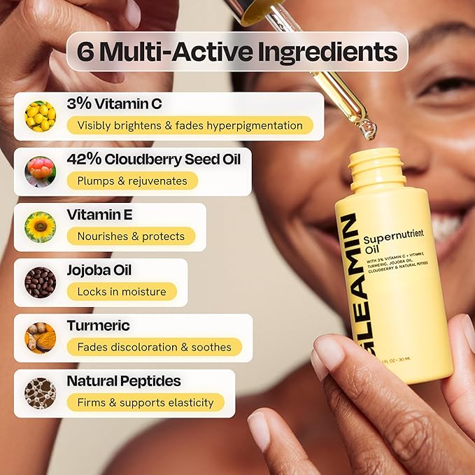 Gleamin Brightening Face Oil with Vitamin C & E, Turmeric, Jojoba & Cloudberry | Hydrating Facial Oil for Radiant Glow, Dark Spots, Fine Lines & Uneven Tone | Skin Brightening for Women & Men, 1 Fl Oz