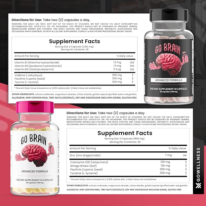 Nootropic Brain Support Supplement - Advanced Focus Supplement for Concentration, Premium Memory & Brain Booster with Vitamins, Coenzyme Q10, Phosphatyldyserine, Guarana, Zinc, Tyrosine, Amino Acids