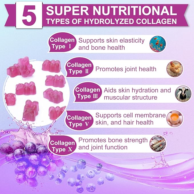 Nature's live Multi Collagen Peptides Gummies, Type I, II, III, V, X - Hydrolyzed Collagen Peptides Gummies, Supports Healthy Skin, Strong Nails & Thick Hair, Grape Blueberry Flavor, 60 Count, 2 Pack