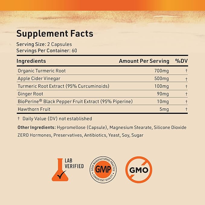 Nature's Base Turmeric and Ginger Supplement - with Curcumin, Apple Cider Vinegar & BioPerine Black Pepper Extract - 95% Curcuminoids - 120 Capsules