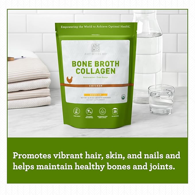Amy Myers MD Bone Broth Collagen Powder - Organic Chicken Bone Broth - Supports Healthy Skin & Nails - for Gut Health & Joint Support - 20 Servings, Chicken Flavor