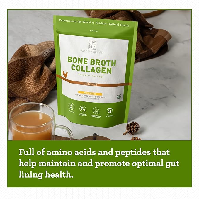 Amy Myers MD Bone Broth Collagen Powder - Organic Chicken Bone Broth - Supports Healthy Skin & Nails - for Gut Health & Joint Support - 20 Servings, Chicken Flavor