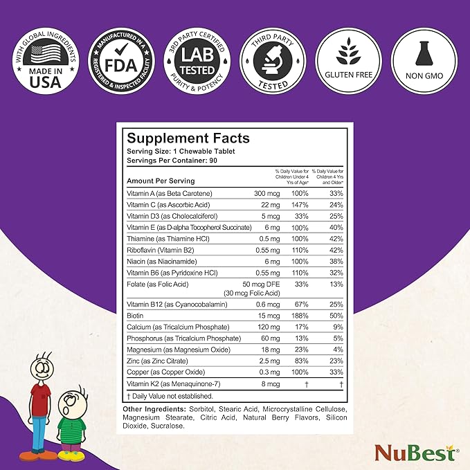 NuBest Tall Kids - Toddlers Vitamins and Kids Vitamins for Age 2 to 9 - Support Bone Strength, Overall Health and Immunity - Animal Shapes - 90 Chewable Berry Tablets | 6 Weeks Supply