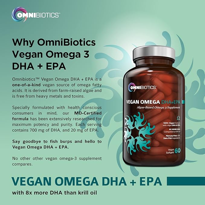 OmniBiotics Vegan Omega 3 DHA EPA Supplement β MD-Certified Prenatal Supplement with 8X More DHA Than Krill Oil, Fish-Free, Non-GMO β 60 Vegan Capsules