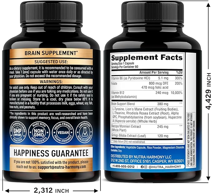 Brain Supplement for Memory & Focus 750 mg - Magnesium | L-Theanine | Bacopa Monnieri | Ginkgo Biloba | Lions Mane - 12in1 Nootropic Complex for Neuro Health - Caffeine-free - Made in USA, 60 Capsules