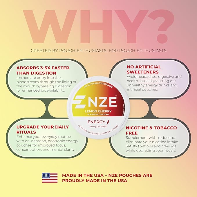 NZE Caffeine Nootropic Pouches (Lemon Cherry) - Energy Pouches with 50mg Caffeine, Alpha GPC, L-Tyrosine & L-Theanine No Sugar or Artificial Sweeteners - 15 Nicotine Free Pouches Per Can - 5 Pack