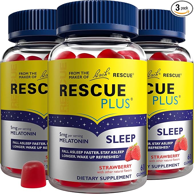 Bach RESCUE PLUS Melatonin Sleep Gummies, Natural Strawberry Flavor, Sleep Aid, Dietary Supplement, Vegan, Gluten-Free, No Artificial Flavors, Colors or Sweeteners, 3 Pack, 180 Count Total