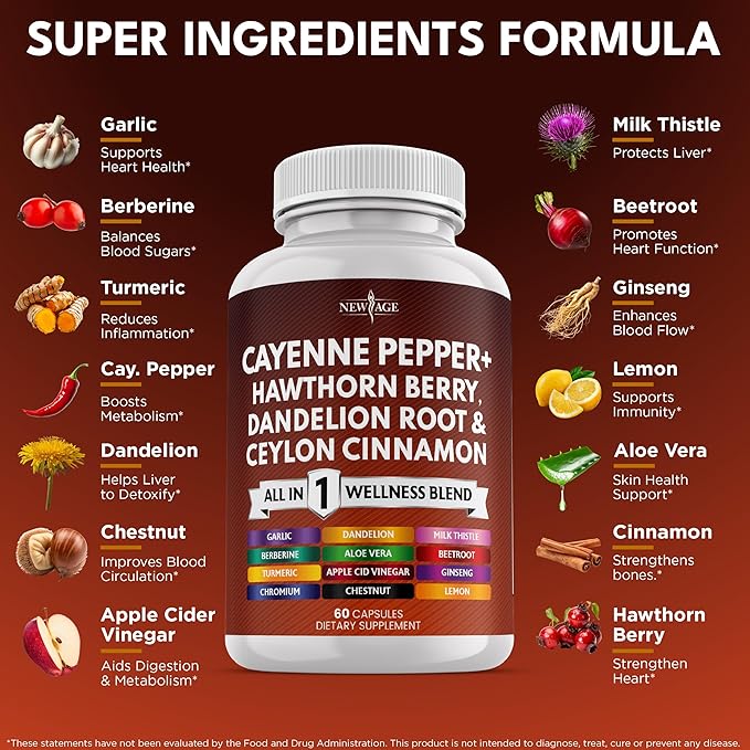 NEW AGE Cayenne Pepper Capsules Supplement with Hawthorn Berry, Dandelion Root, Ceylon Cinnamon, Garlic, Ginger, ACV, Milk Thistle, Beet Root, Aloe Vera - 60 Count