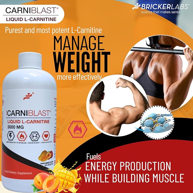 CARNIBLAST Liquid L-Carnitine 3000mg – Carnipure® Sports Nutrition Supplement for Energy, Stamina & Workout Recovery – Peach Mango Flavor, 16 Fl Oz, Vegan, Gluten-Free, Non-GMO